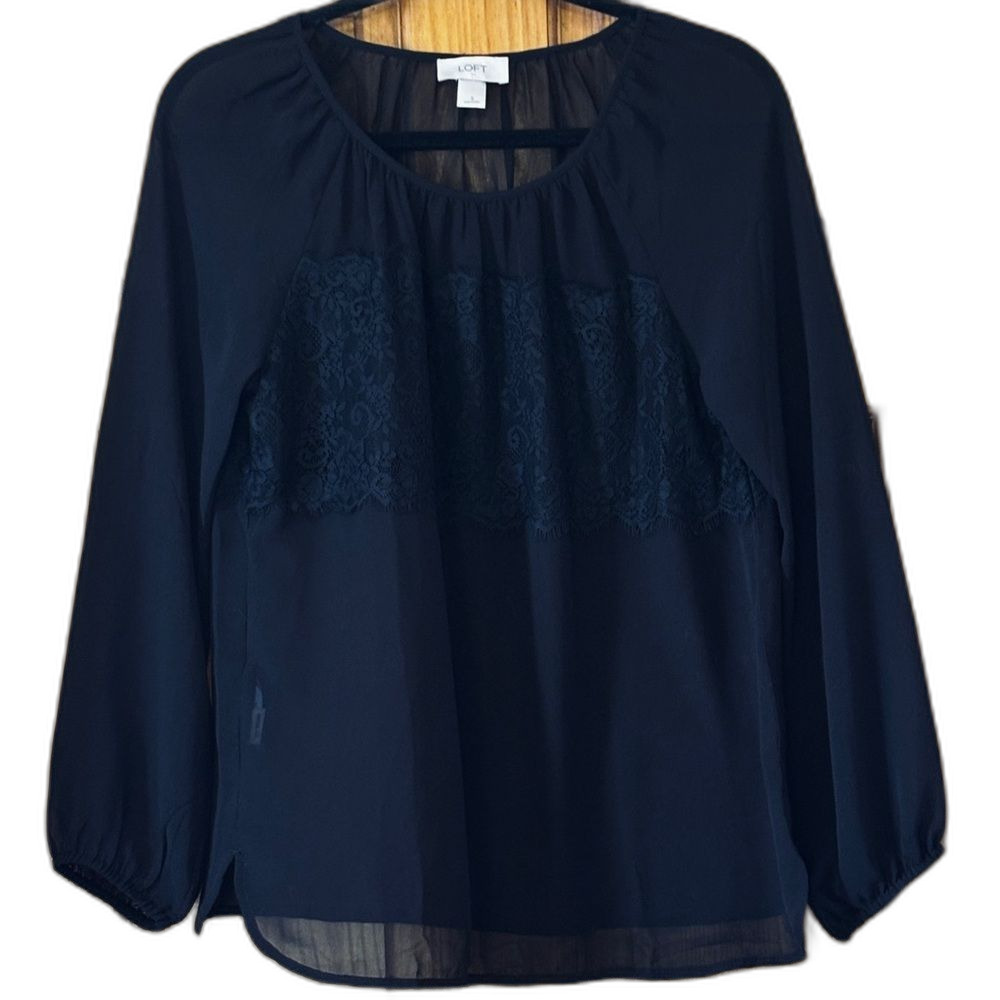 LOFT Black Lace Yoke Blouse Top Women's Size S Boho Sheer Chiffon
